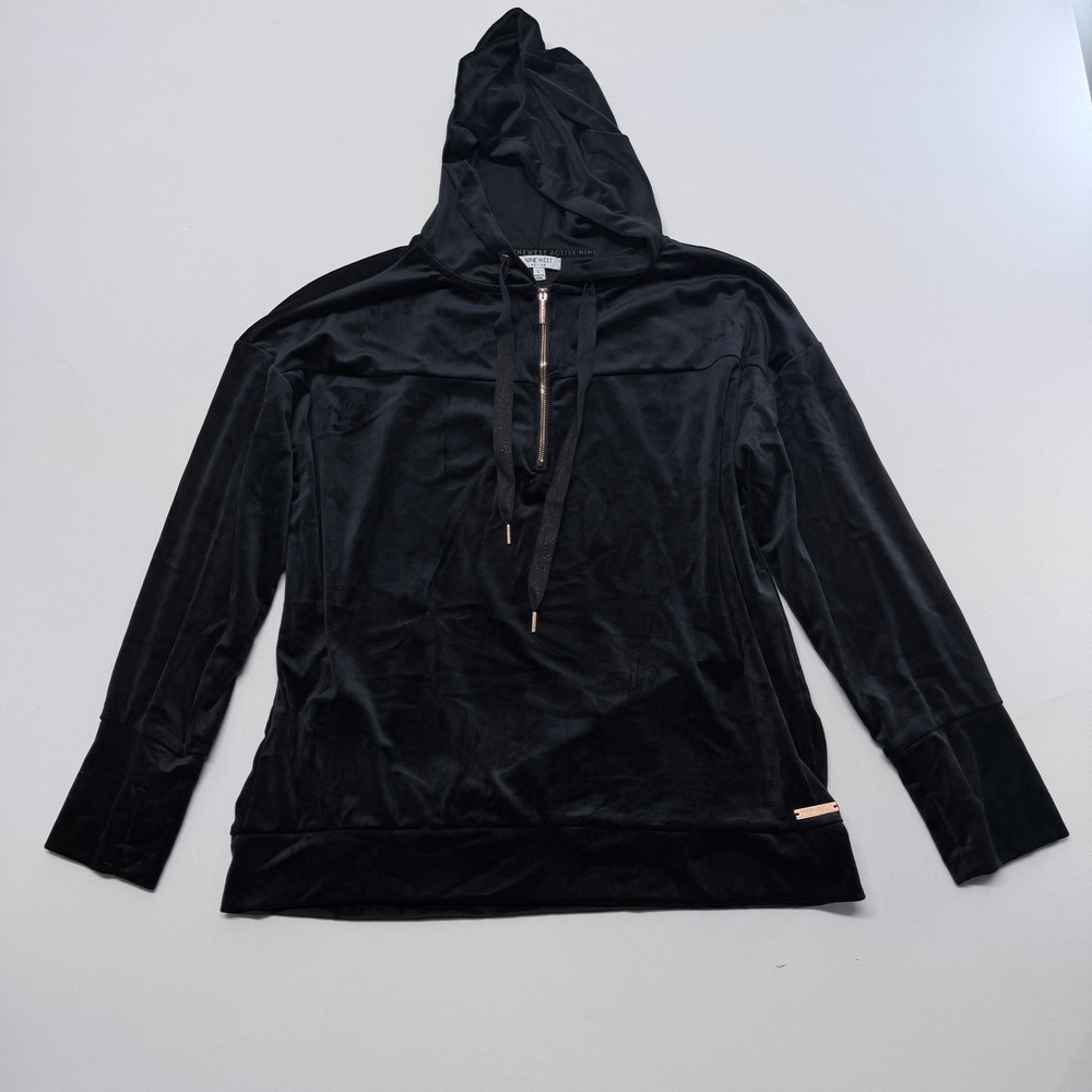 Nine West Active Women Black Velour Quarter Zip Hoodie Rose Gold Accents Size L